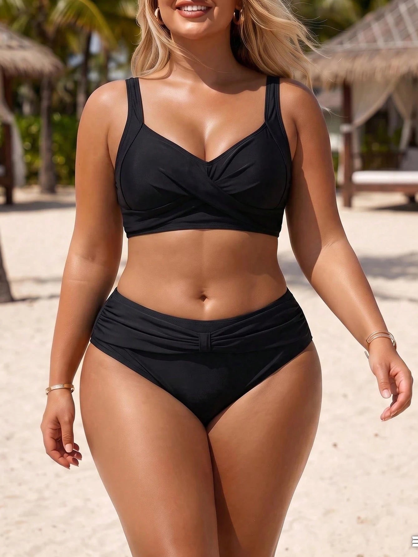 Swim Lushoire 2026 New Plus Size Women 2-Piece Set Black Double Shoulder Small V-Neck Top With High Waist Printed Belt High Waist Pants, Beach Vacation, Summer Holiday Outfit, Party Wear, Elegant Wome