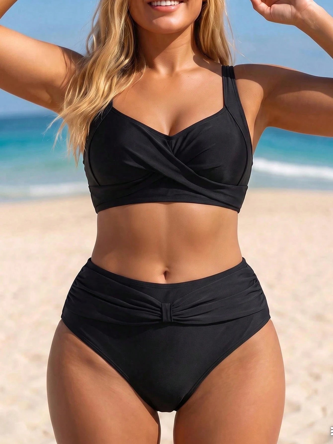 Swim Lushoire 2026 New Plus Size Women 2-Piece Set Black Double Shoulder Small V-Neck Top With High Waist Printed Belt High Waist Pants, Beach Vacation, Summer Holiday Outfit, Party Wear, Elegant Wome