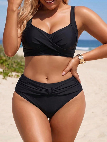 Swim Lushoire 2026 New Plus Size Women 2-Piece Set Black Double Shoulder Small V-Neck Top With High Waist Printed Belt High Waist Pants, Beach Vacation, Summer Holiday Outfit, Party Wear, Elegant Wome