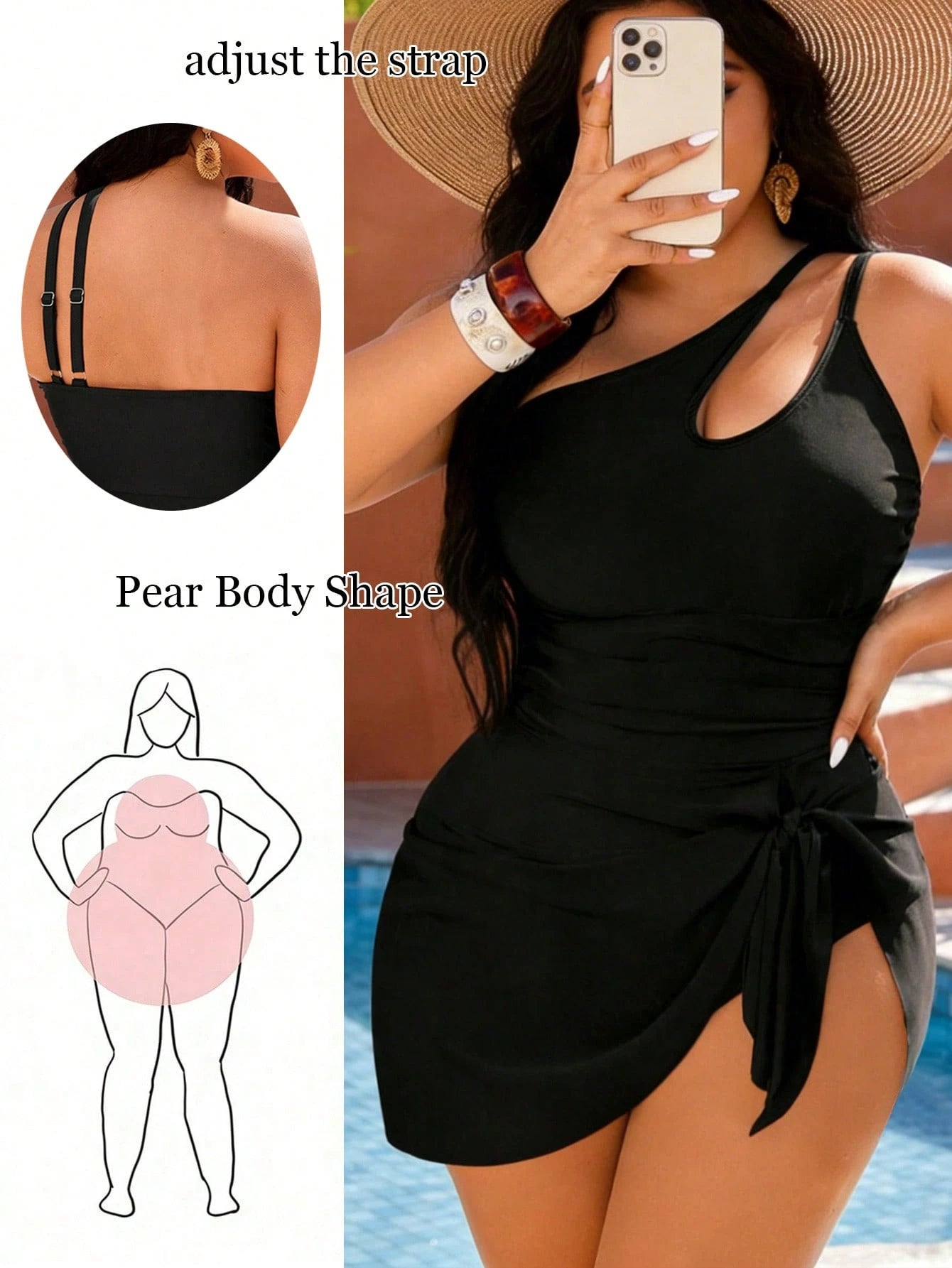 Swim Lushoire 2026 New Plus Size Women Black Hollow Out One Shoulder Dress Style One-Piece Swimsuit,Elegant Ladies Beach Swimwear,Summer Holiday Outfit,Party Dress