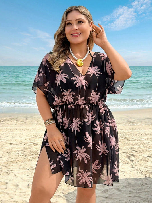 Swim Lushoire 2026 New Summer Vacation California Plant Print Comfortable Plus Size Women Kaftan Dress