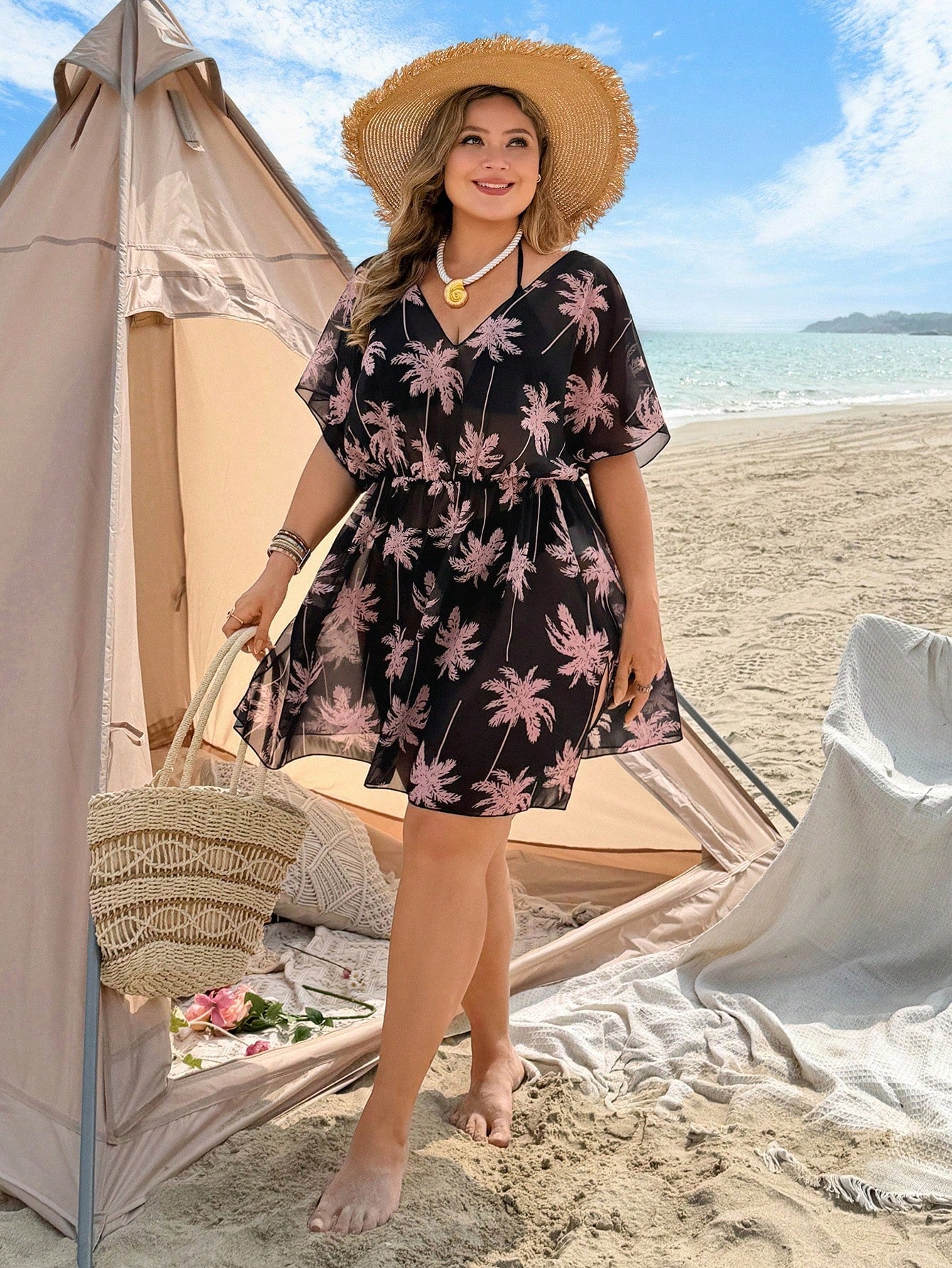 Swim Lushoire 2026 New Summer Vacation California Plant Print Comfortable Plus Size Women Kaftan Dress