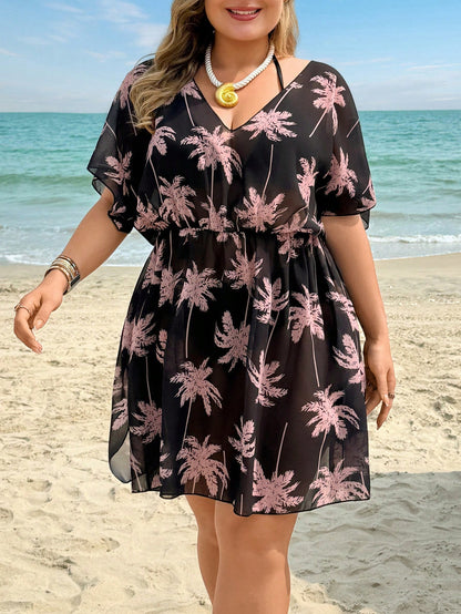 Swim Lushoire 2026 New Summer Vacation California Plant Print Comfortable Plus Size Women Kaftan Dress