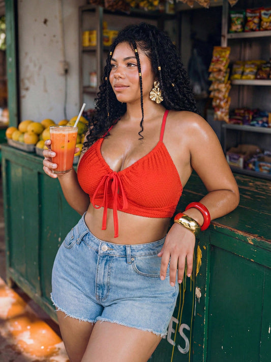 Swim Lushoire 2026 New V-Neck Drawstring Tie-Front Swim Top, Beach Holiday Vacation Holiday Pool Party Swimwear, Plus Size Friendly Red Summer Tropical Tropical