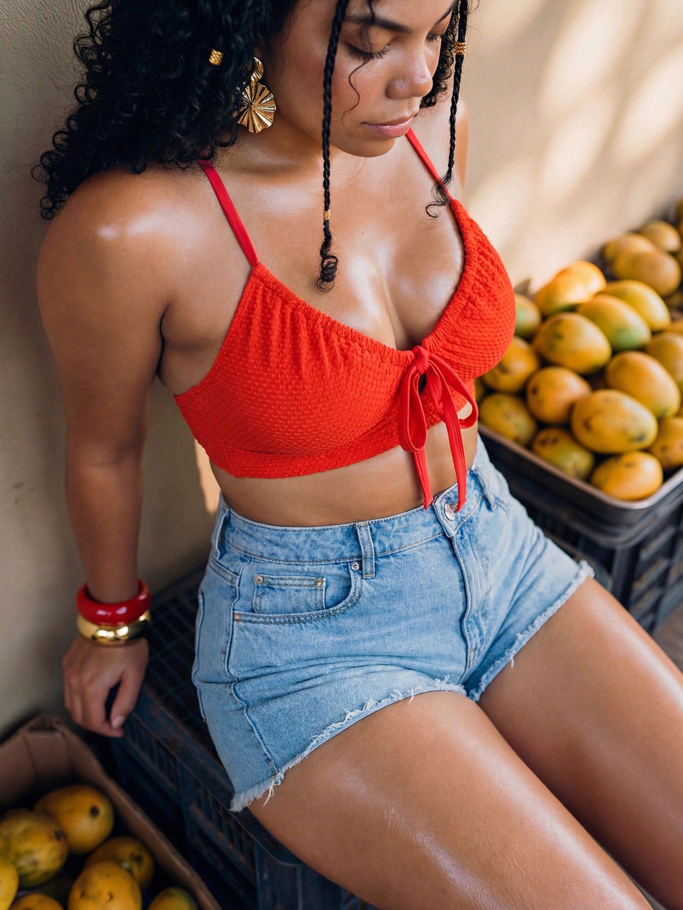 Swim Lushoire 2026 New V-Neck Drawstring Tie-Front Swim Top, Beach Holiday Vacation Holiday Pool Party Swimwear, Plus Size Friendly Red Summer Tropical Tropical