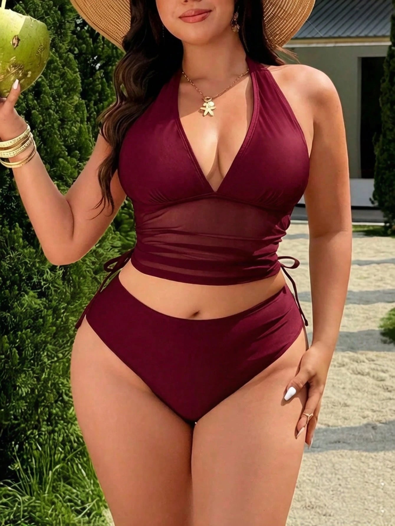 Swim Lushoire 2026 Spring/Summer New Solid Color Mesh Patchwork 2-Piece Swimsuit With Removable Chest Pads, Halter Neck Bow Tie Straps, Sexy Deep V-Neck, Underbust Mesh Flattering Design, Side Drawstr