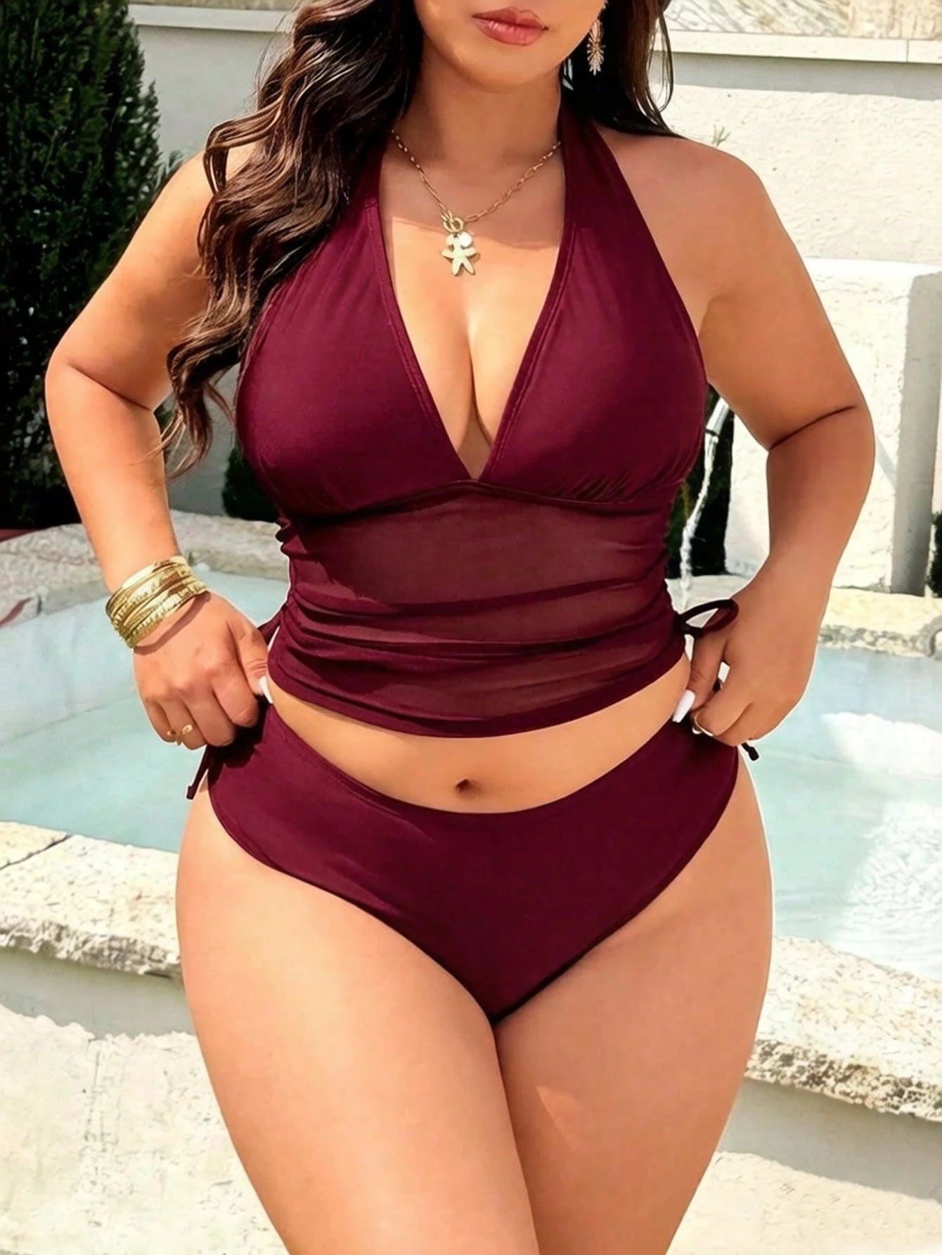 Swim Lushoire 2026 Spring/Summer New Solid Color Mesh Patchwork 2-Piece Swimsuit With Removable Chest Pads, Halter Neck Bow Tie Straps, Sexy Deep V-Neck, Underbust Mesh Flattering Design, Side Drawstr