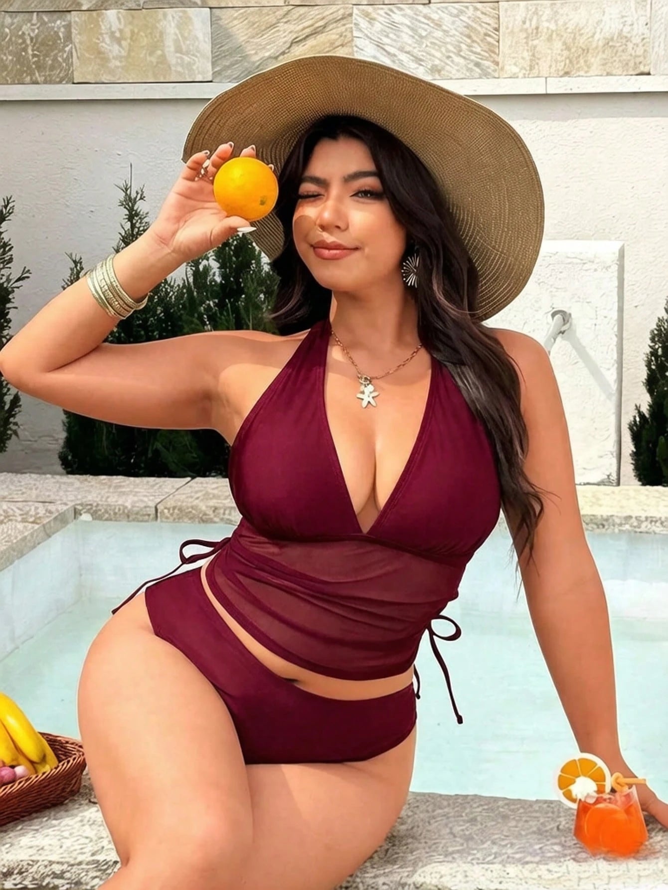 Swim Lushoire 2026 Spring/Summer New Solid Color Mesh Patchwork 2-Piece Swimsuit With Removable Chest Pads, Halter Neck Bow Tie Straps, Sexy Deep V-Neck, Underbust Mesh Flattering Design, Side Drawstr