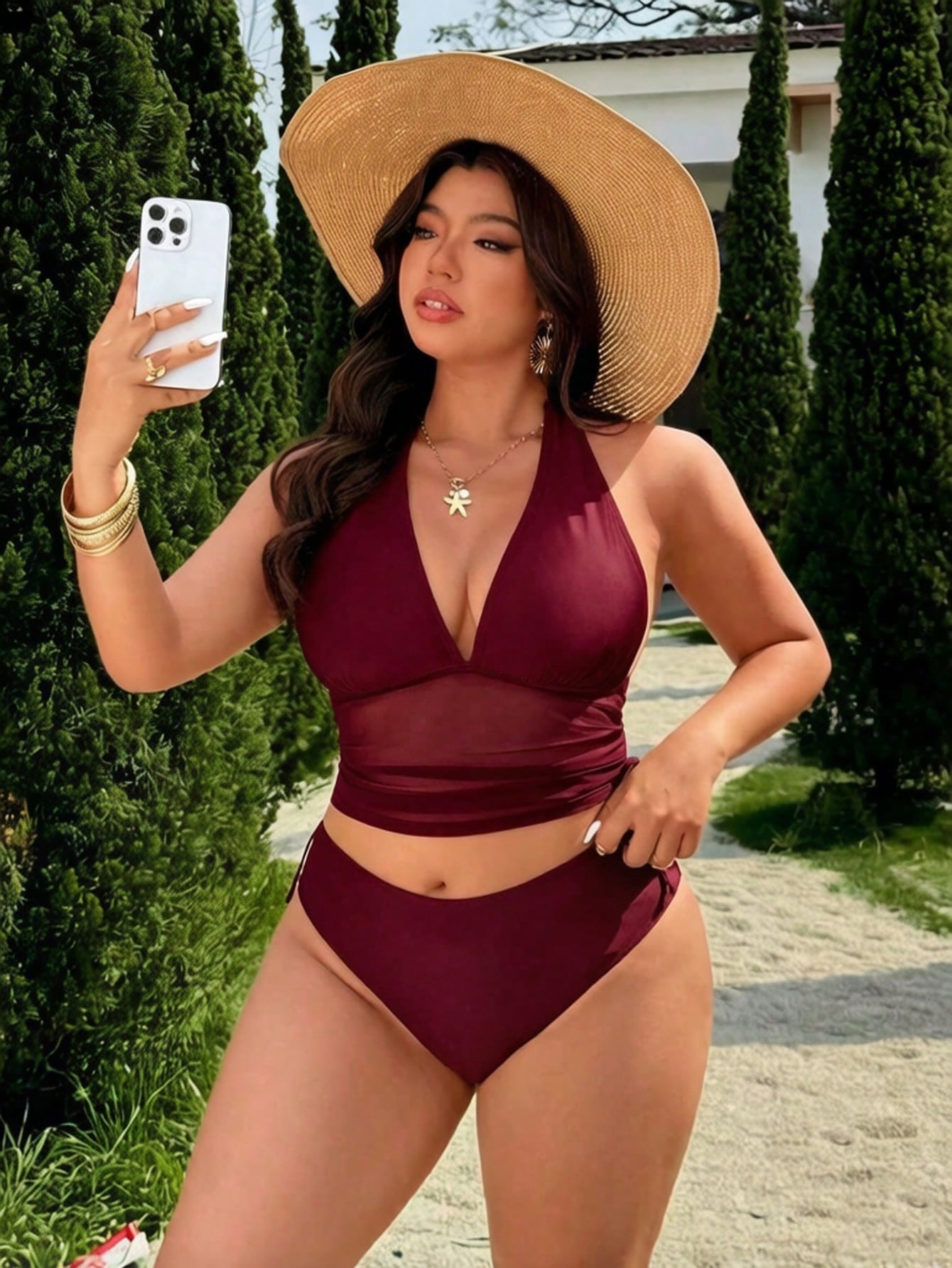 Swim Lushoire 2026 Spring/Summer New Solid Color Mesh Patchwork 2-Piece Swimsuit With Removable Chest Pads, Halter Neck Bow Tie Straps, Sexy Deep V-Neck, Underbust Mesh Flattering Design, Side Drawstr
