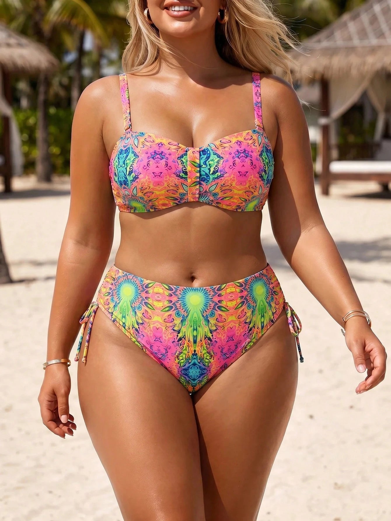 Swim Lushoire 2026 Summer New Sexy 2 Pieces Plus Size Beach Vacation Swimsuit Set With Positioned Print