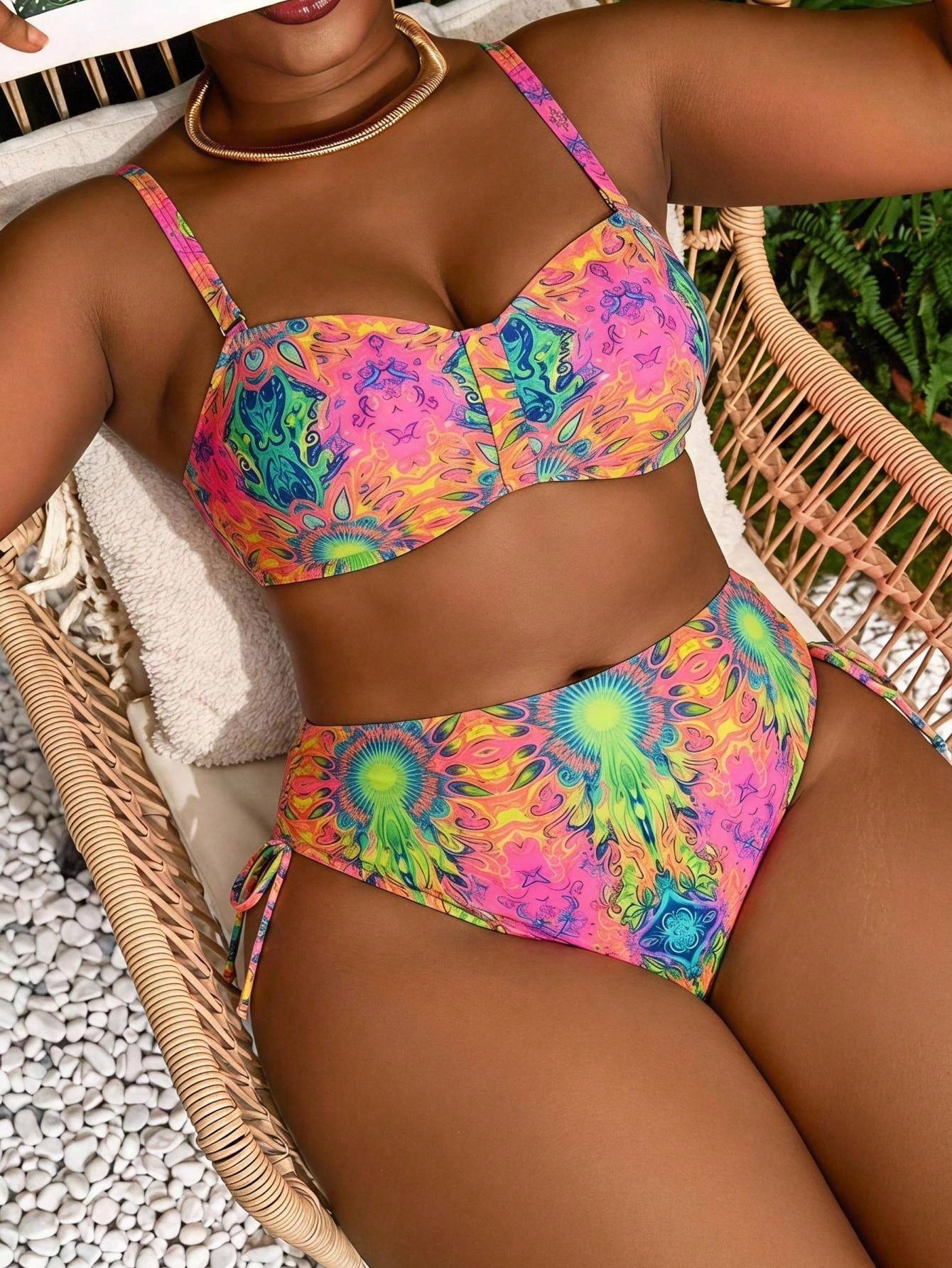 Swim Lushoire 2026 Summer New Sexy 2 Pieces Plus Size Beach Vacation Swimsuit Set With Positioned Print