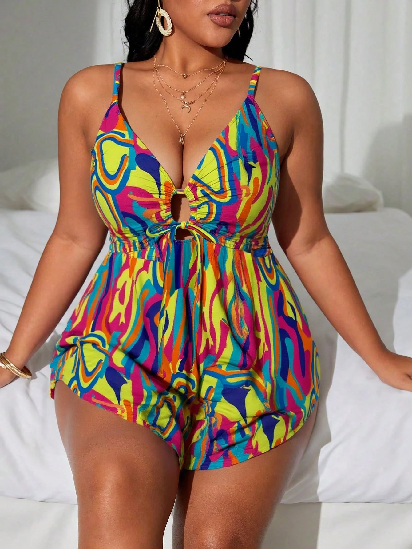 Swim Lushoire 2pcs Plus Size Women Beach Dress Swimsuit, Random Printed Tankini & Cover-Up Swimwear Set, Casual Holiday Style For Summer Beach Vacation