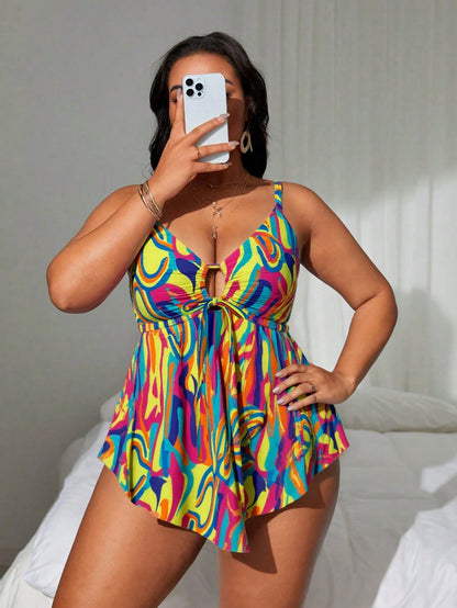 Swim Lushoire 2pcs Plus Size Women Beach Dress Swimsuit, Random Printed Tankini & Cover-Up Swimwear Set, Casual Holiday Style For Summer Beach Vacation
