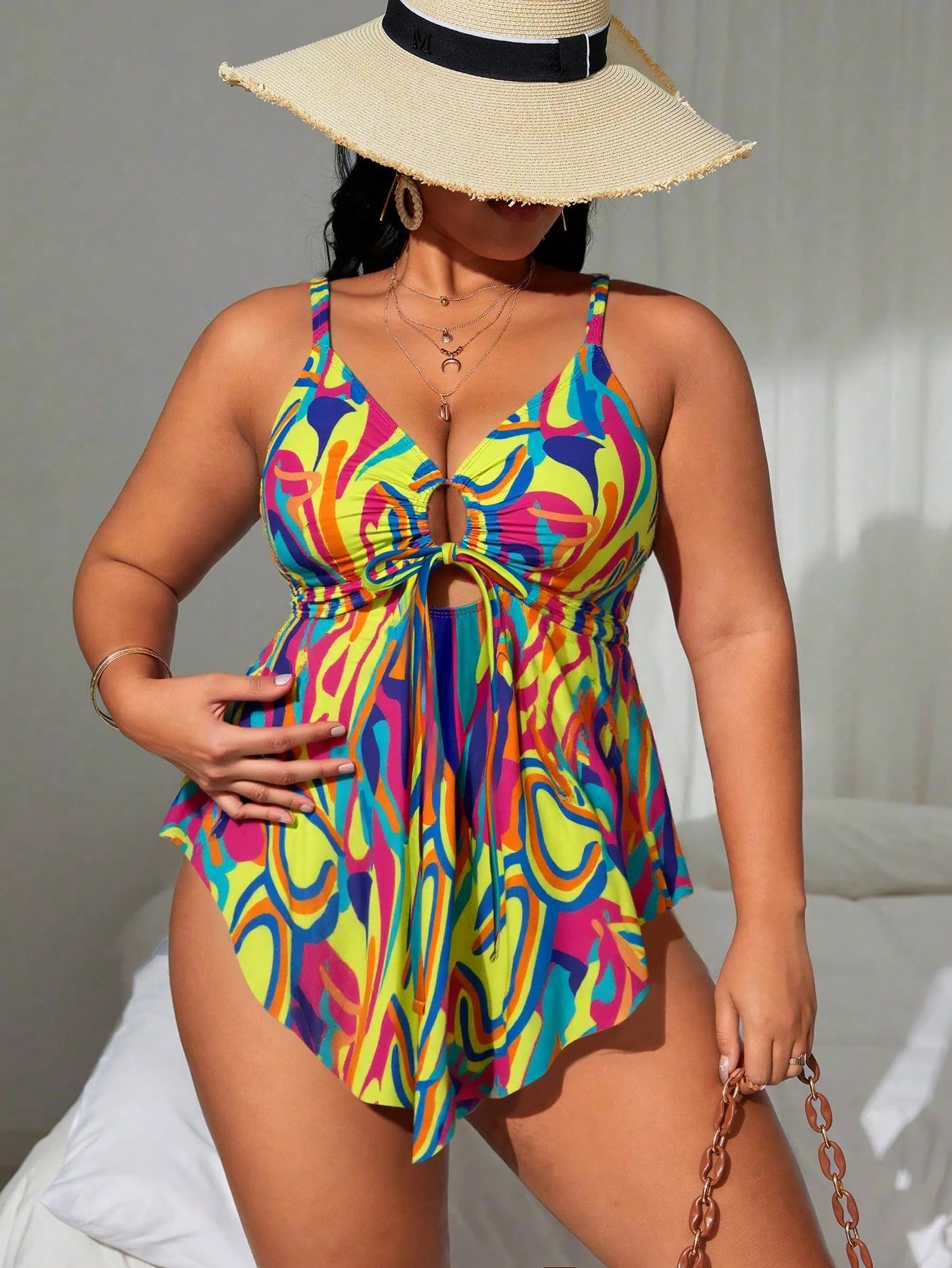 Swim Lushoire 2pcs Plus Size Women Beach Dress Swimsuit, Random Printed Tankini & Cover-Up Swimwear Set, Casual Holiday Style For Summer Beach Vacation