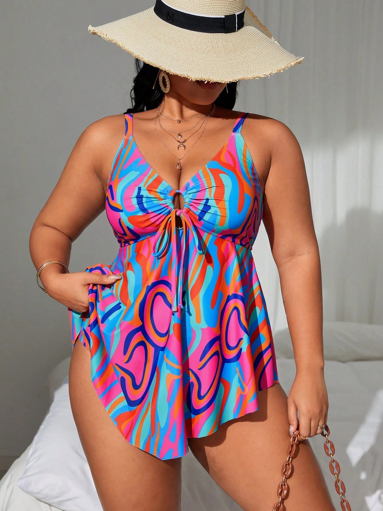 Swim Lushoire 2pcs Plus Size Women Beach Dress Swimsuit, Random Printed Tankini & Cover-Up Swimwear Set, Casual Holiday Style For Summer Beach Vacation