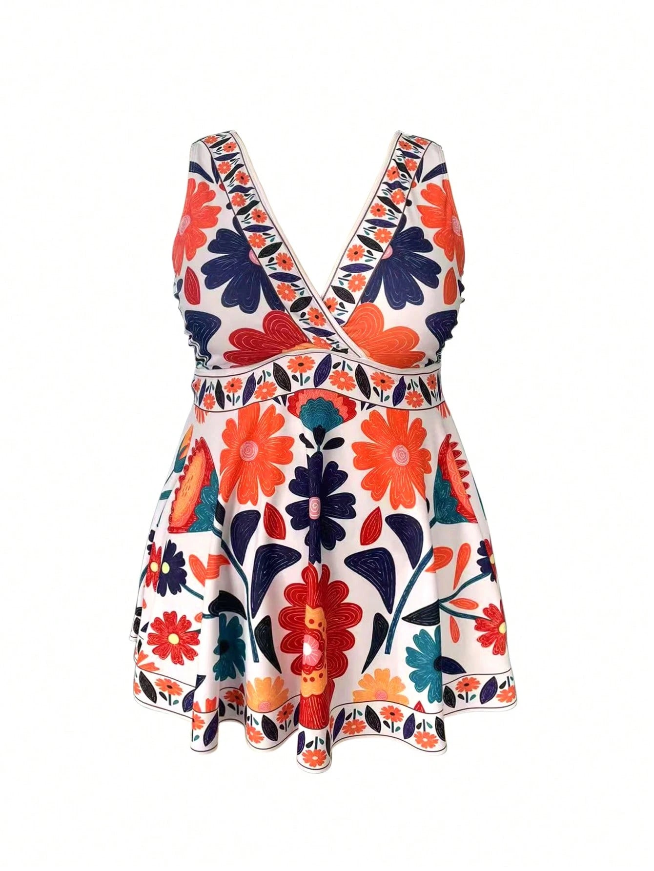Swim Lushoire 2pcs Plus Size Women's Floral Print V-Neck Ruffled Tankini Top And High Waisted Swim Shorts, Sexy Elegant Beach Vacation Swimwear Set For Summer