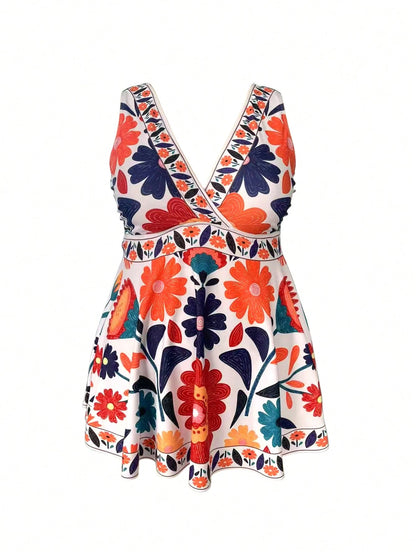 Swim Lushoire 2pcs Plus Size Women's Floral Print V-Neck Ruffled Tankini Top And High Waisted Swim Shorts, Sexy Elegant Beach Vacation Swimwear Set For Summer