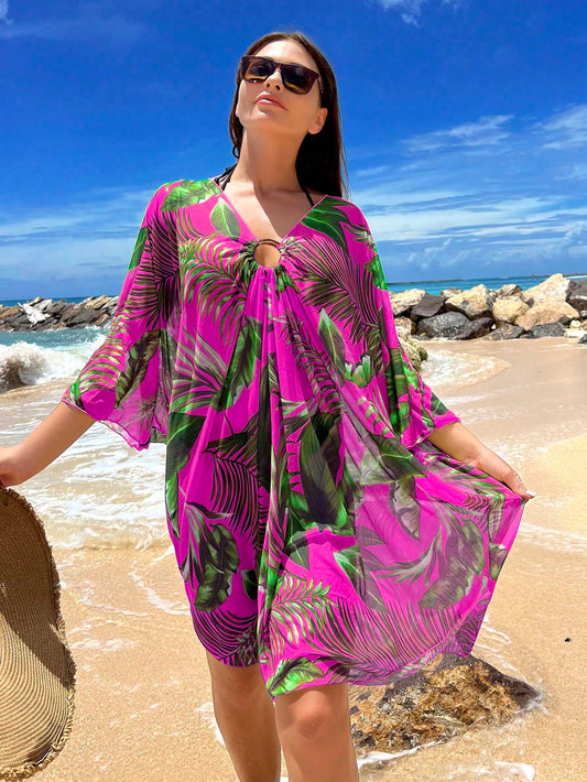 Swim Lushoire Beach Outfits For Woman Tropical Print Drawstring Front Cover Up Dress,Summer Beach