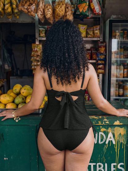 Swim Lushoire Black,Summer,Beach,Holiday,Holiday Plus Size Women Solid Color Wide Strap Pleated Front Loose Hem Tank Top & High Waist Pants 2-Piece Swimwear