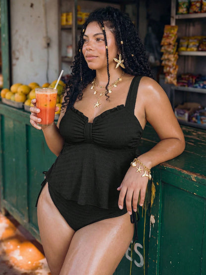 Swim Lushoire Black,Summer,Beach,Holiday,Holiday Plus Size Women Solid Color Wide Strap Pleated Front Loose Hem Tank Top & High Waist Pants 2-Piece Swimwear