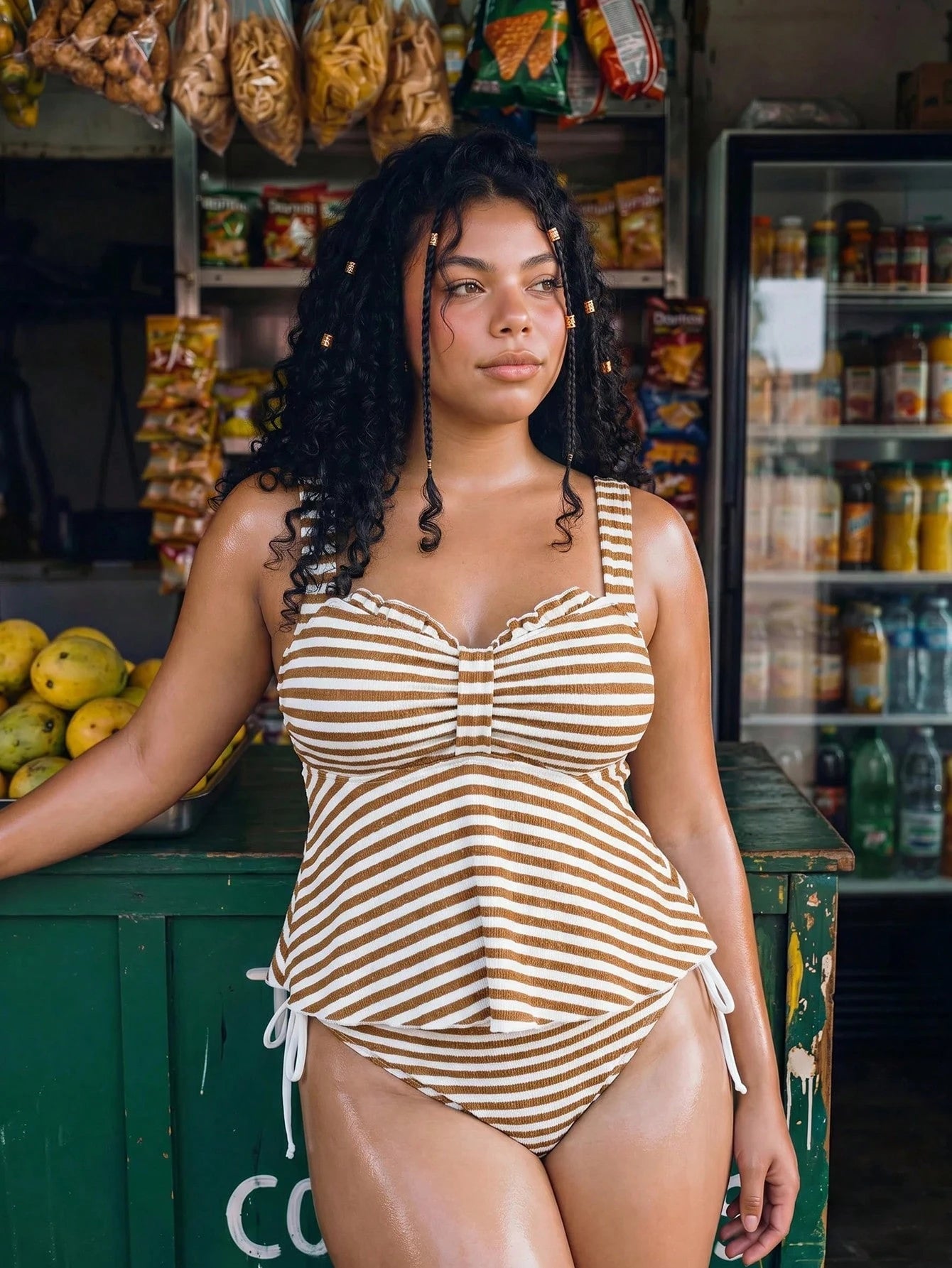 Swim Lushoire Black,Summer,Beach,Holiday,Holiday Plus Size Women Solid Color Wide Strap Pleated Front Loose Hem Tank Top & High Waist Pants 2-Piece Swimwear