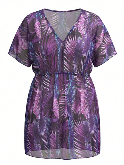 Swim Lushoire New Plus Size Floral Print Sheer Cover Up Top Purple Beach Dress Plus Size Swim Dress Curve Beach Dress Plus Vacation Dress Purple Summer Dress