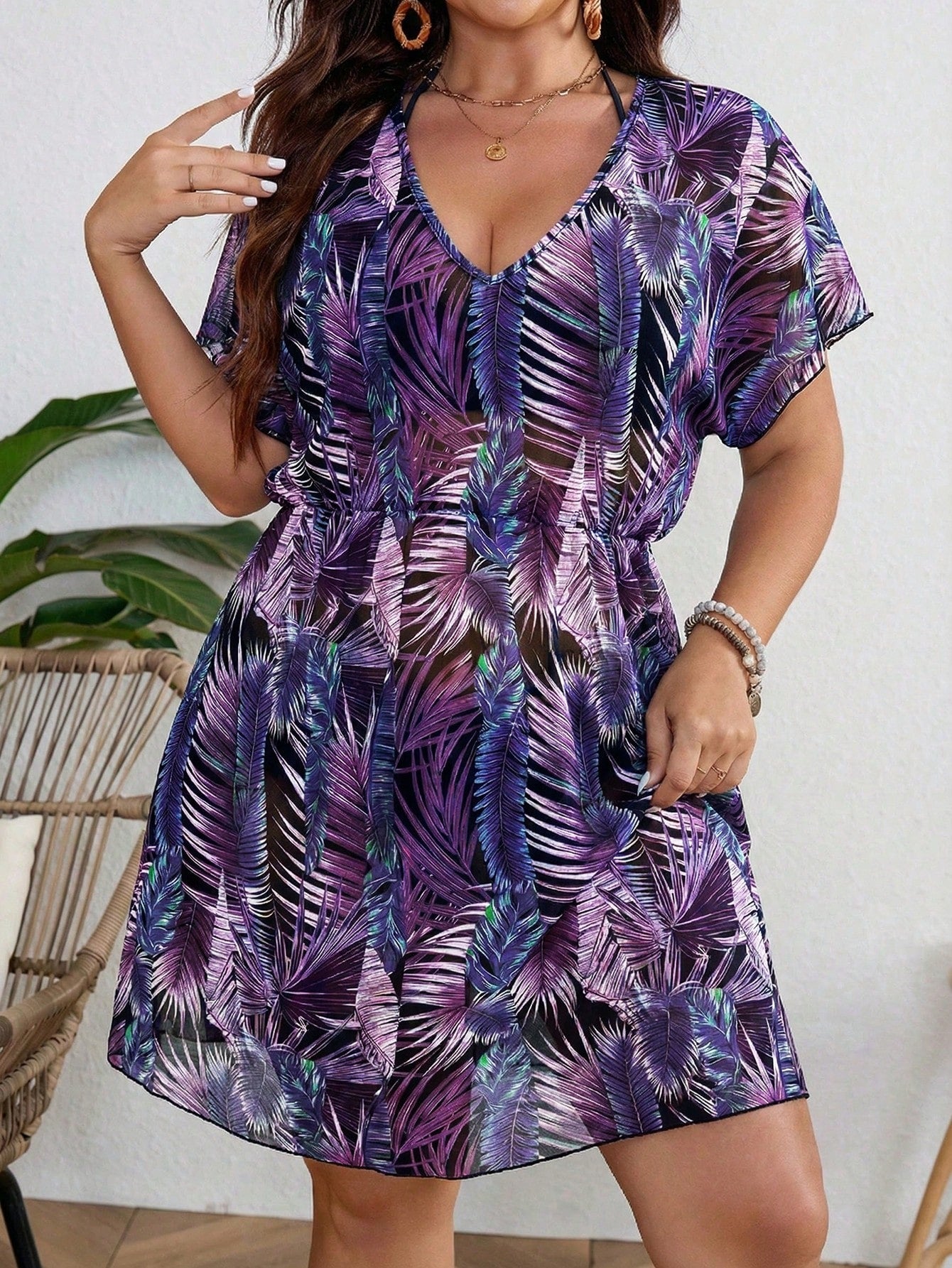 Swim Lushoire New Plus Size Floral Print Sheer Cover Up Top Purple Beach Dress Plus Size Swim Dress Curve Beach Dress Plus Vacation Dress Purple Summer Dress