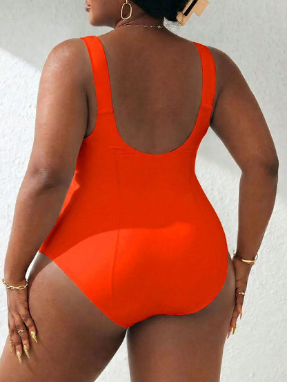 Swim Lushoire New Plus Size One-Piece Teardrop Decor Wide Strap Tummy Control High Waist Swimsuit, Red Orange Holiday Beach Party Summer