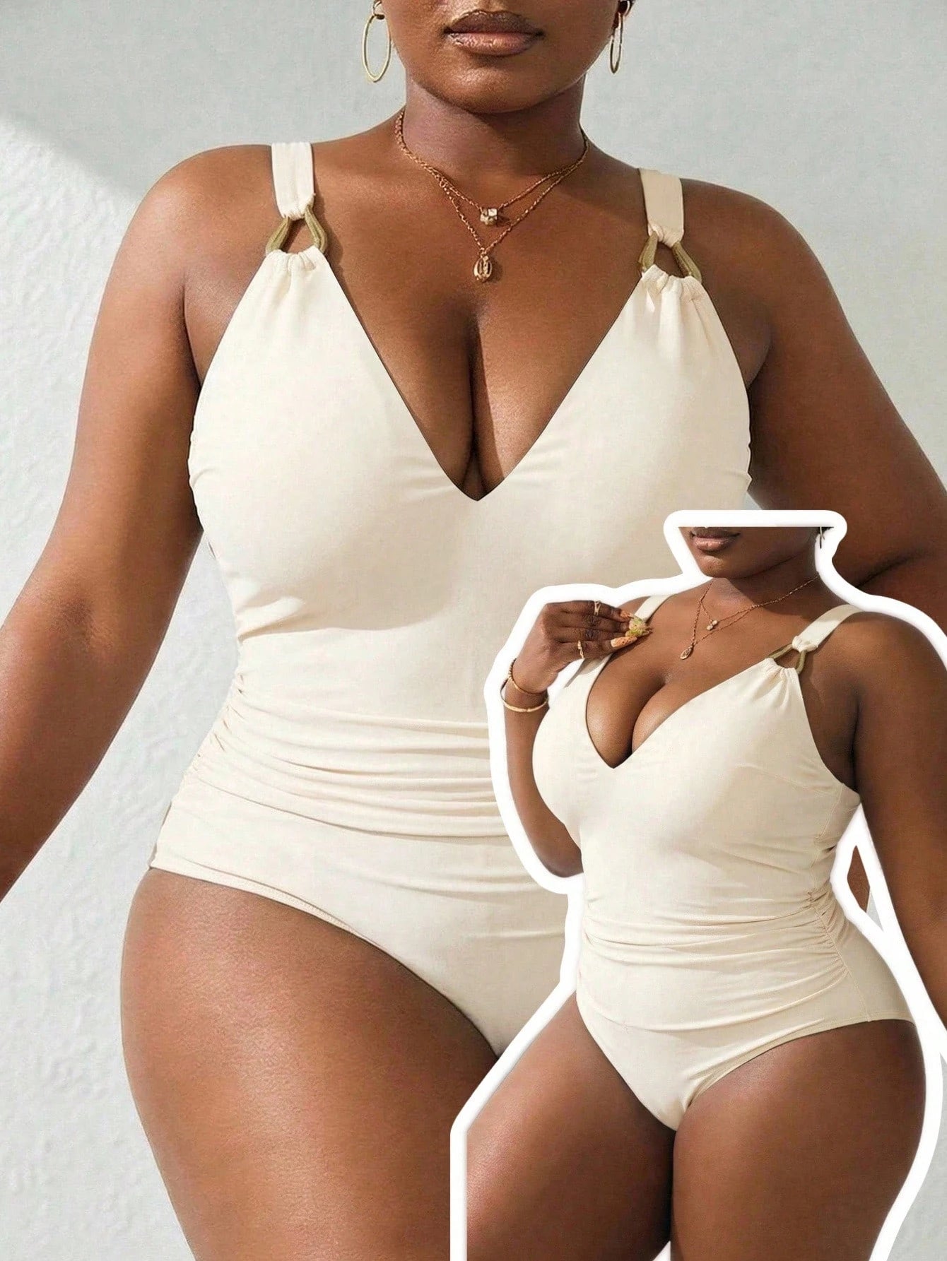 Swim Lushoire New Plus Size One-Piece Teardrop Decor Wide Strap Tummy Control High Waist Swimsuit, Red Orange Holiday Beach Party Summer