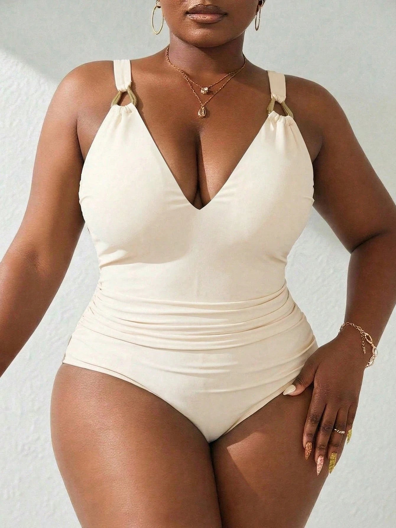 Swim Lushoire New Plus Size One-Piece Teardrop Decor Wide Strap Tummy Control High Waist Swimsuit, Red Orange Holiday Beach Party Summer