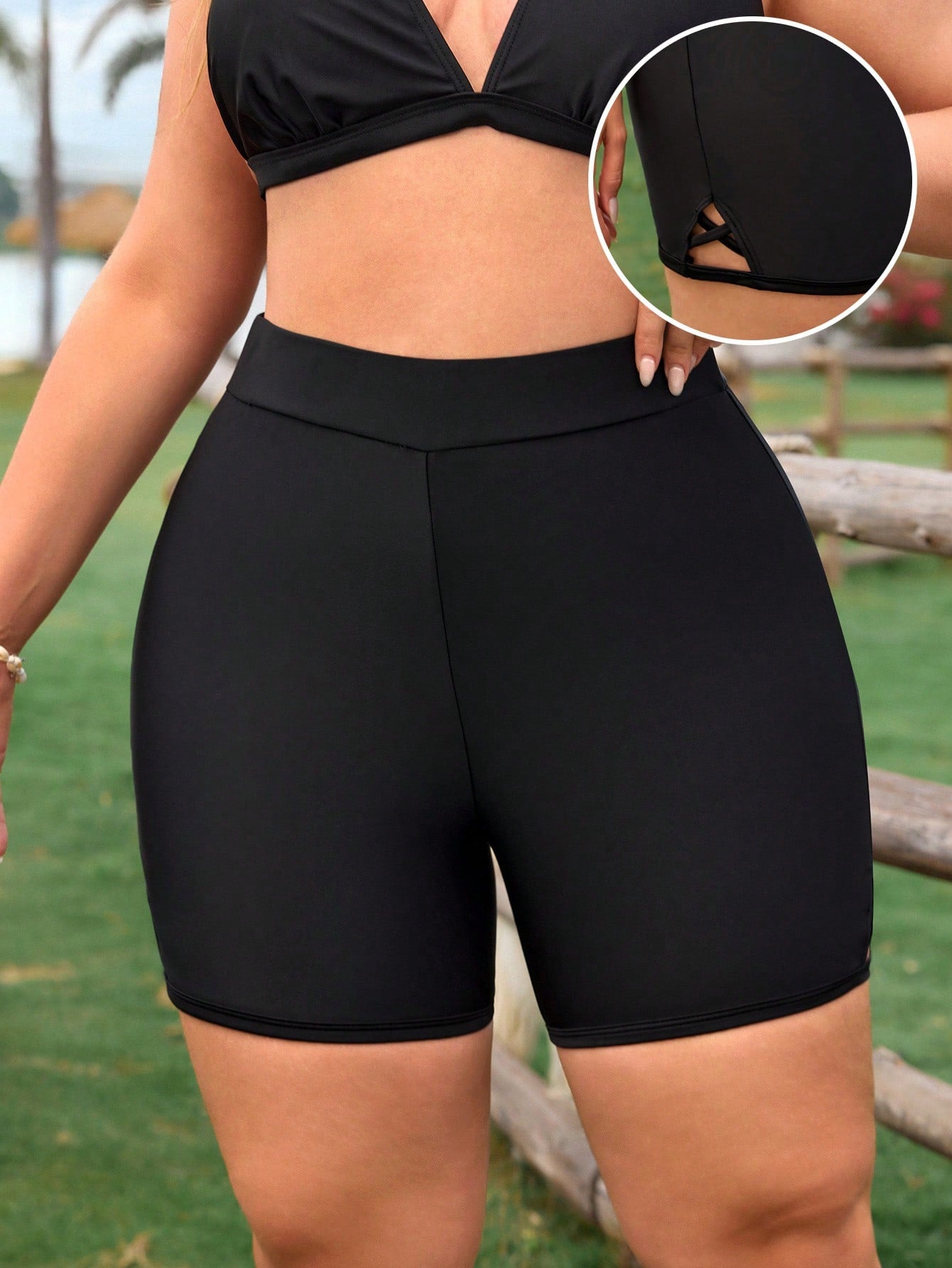 Swim Lushoire New Plus Size Women's Black Slimming High-Waisted Swim Shorts
