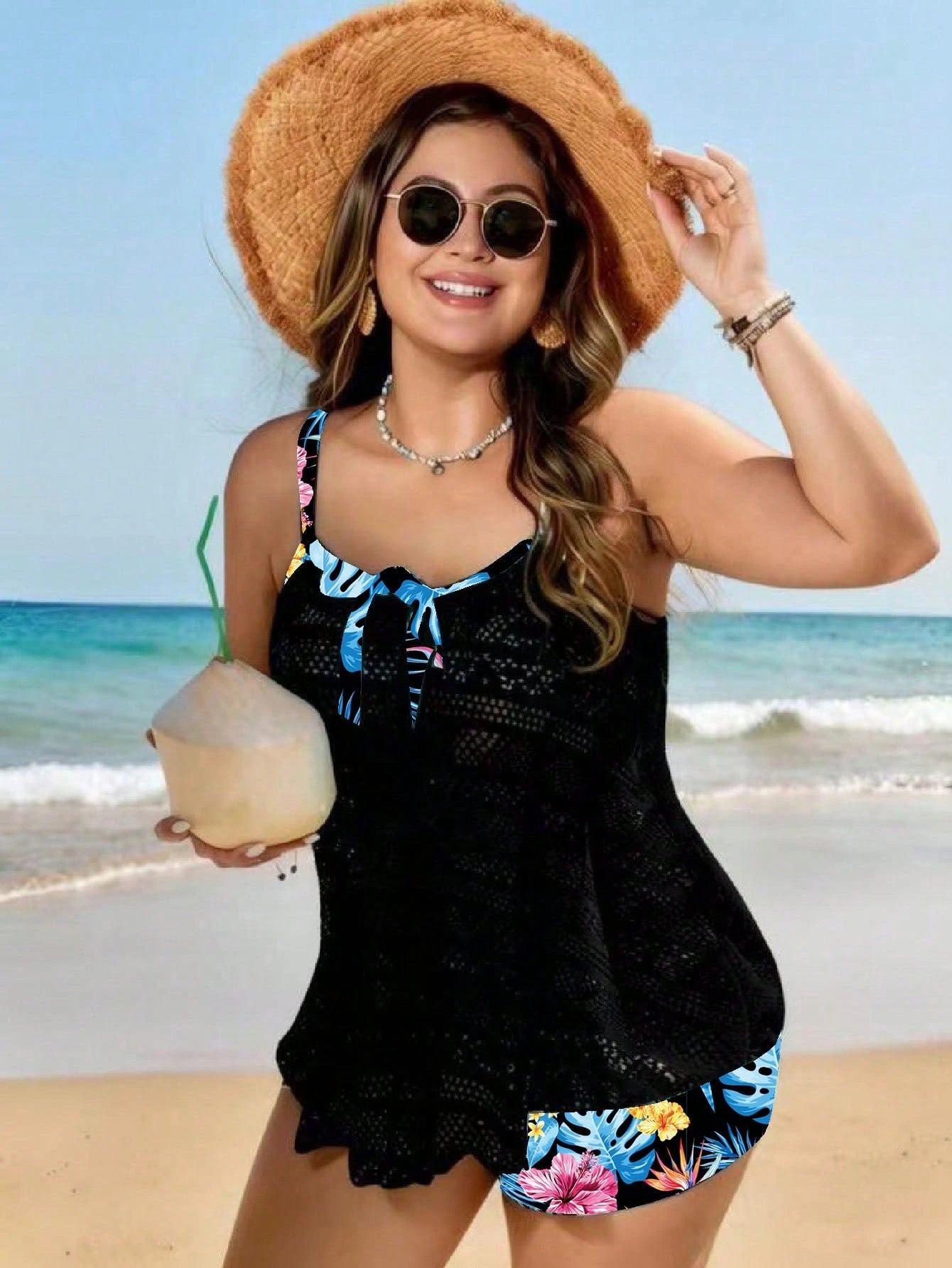 Swim Lushoire New Plus Size Women's Colorful Print Spaghetti Strap Top And High Waisted Shorts 2-Piece Swimwear, Vacation Casual