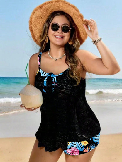 Swim Lushoire New Plus Size Women's Colorful Print Spaghetti Strap Top And High Waisted Shorts 2-Piece Swimwear, Vacation Casual