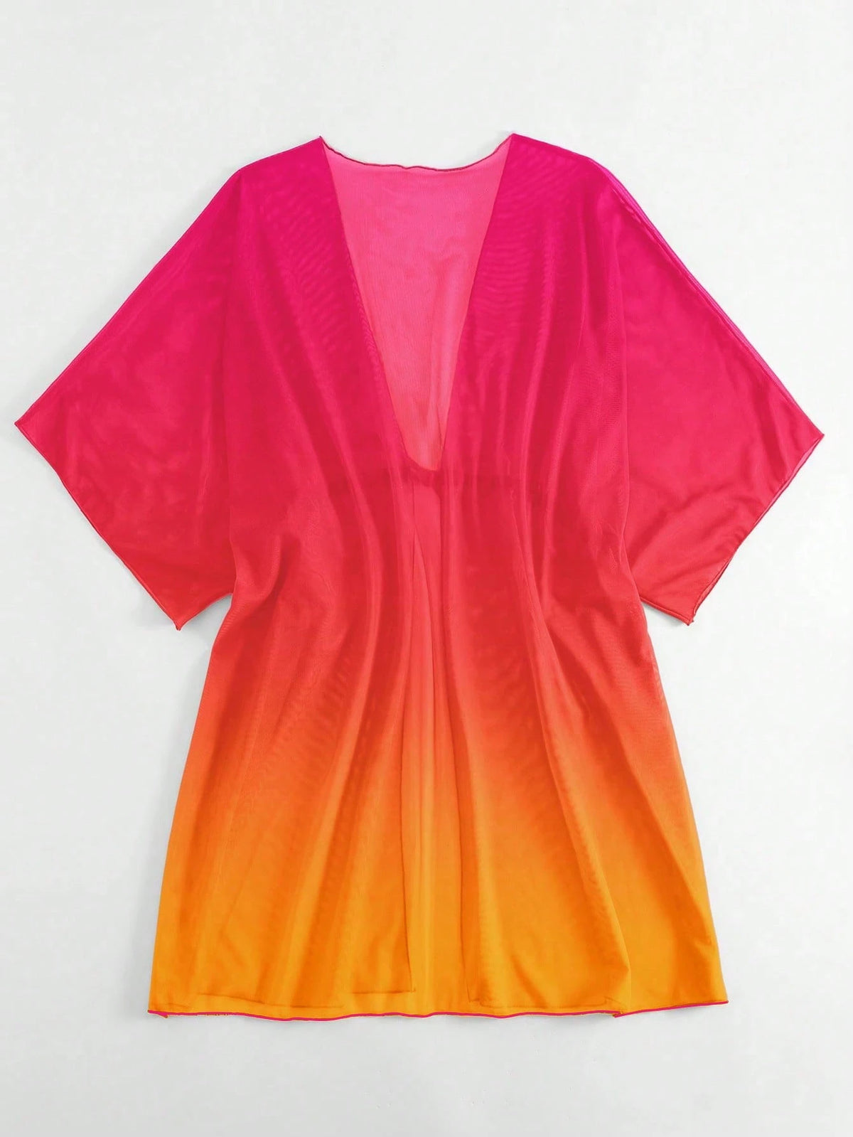 Swim Lushoire Ombre Drawstring Waist Batwing Sleeve Mesh Kimono,Summer Beach