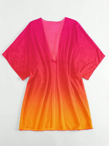 Swim Lushoire Ombre Drawstring Waist Batwing Sleeve Mesh Kimono,Summer Beach
