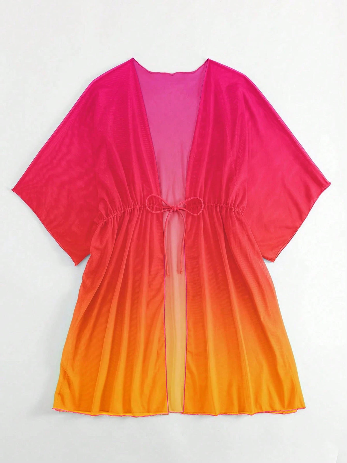 Swim Lushoire Ombre Drawstring Waist Batwing Sleeve Mesh Kimono,Summer Beach