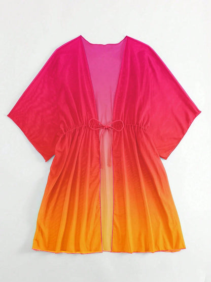 Swim Lushoire Ombre Drawstring Waist Batwing Sleeve Mesh Kimono,Summer Beach