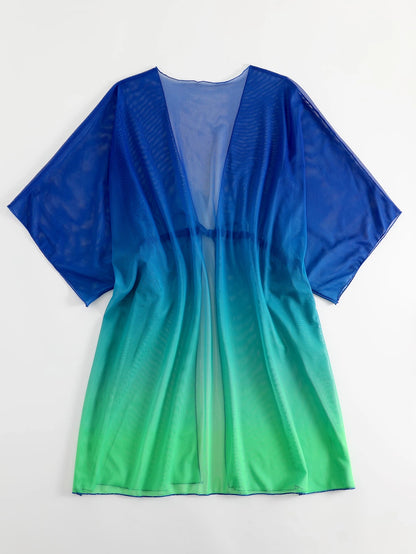 Swim Lushoire Ombre Drawstring Waist Batwing Sleeve Mesh Kimono,Summer Beach
