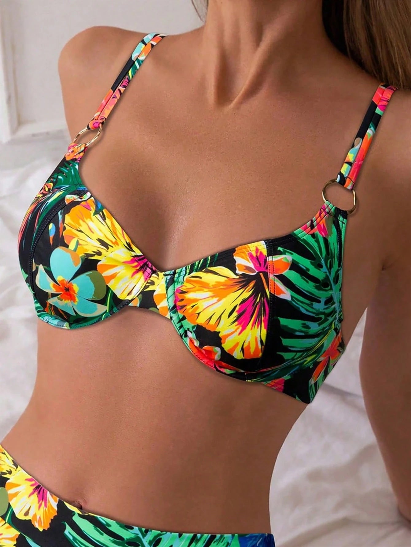 Swim Lushoire Plant Print Classic Beach Swimsuit, New Design Women Underwire Push Up Bikini Top With Metal Accessories For Summer Beach Vacation