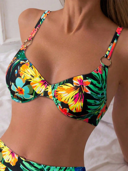 Swim Lushoire Plant Print Classic Beach Swimsuit, New Design Women Underwire Push Up Bikini Top With Metal Accessories For Summer Beach Vacation