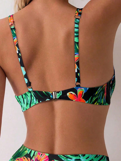 Swim Lushoire Plant Print Classic Beach Swimsuit, New Design Women Underwire Push Up Bikini Top With Metal Accessories For Summer Beach Vacation
