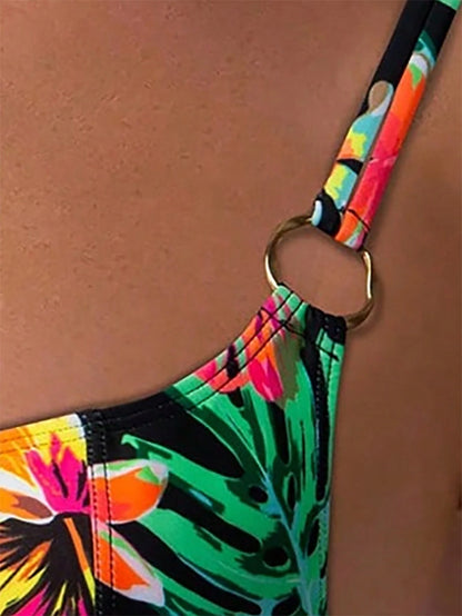 Swim Lushoire Plant Print Classic Beach Swimsuit, New Design Women Underwire Push Up Bikini Top With Metal Accessories For Summer Beach Vacation