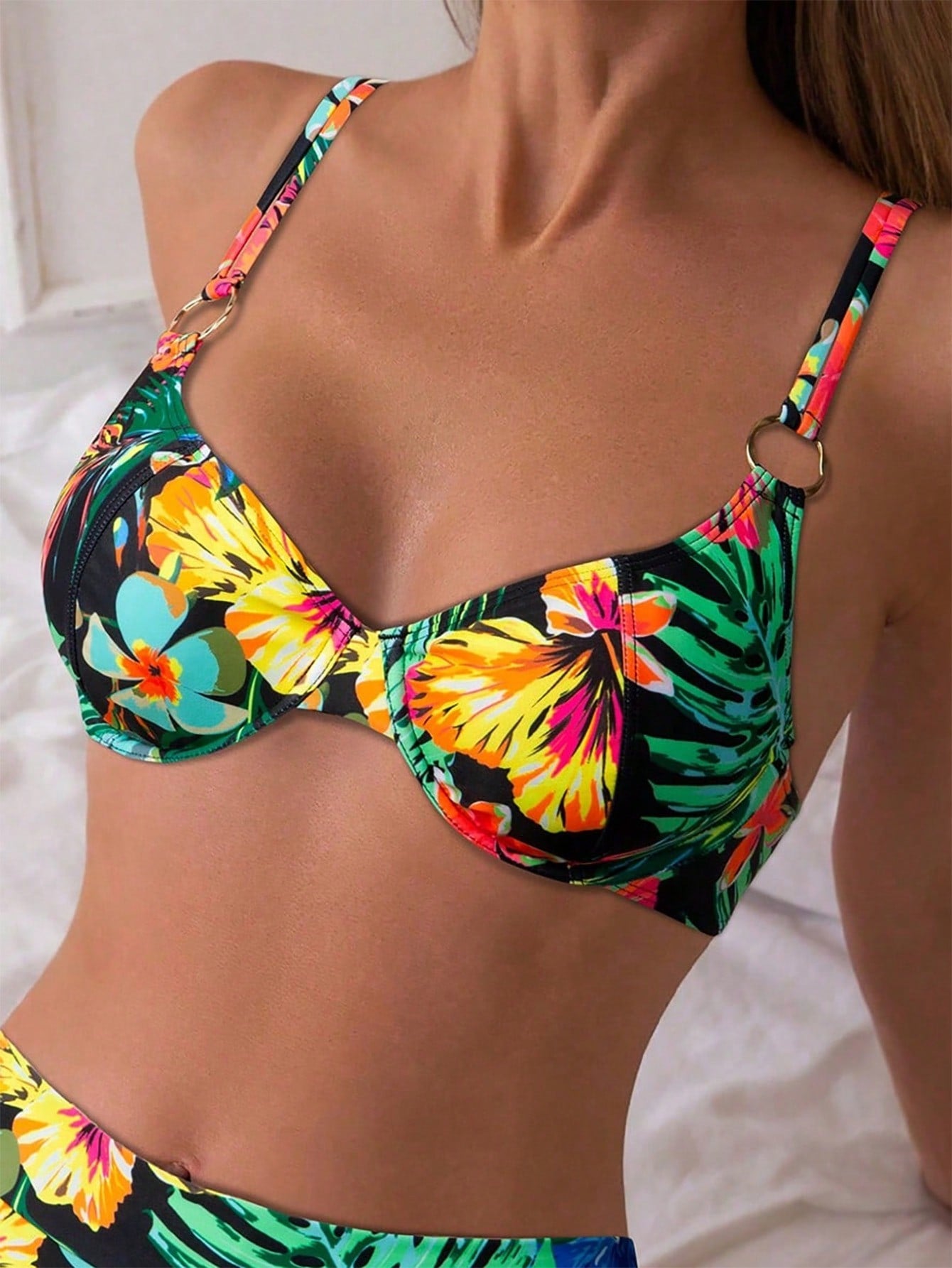 Swim Lushoire Plant Print Classic Beach Swimsuit, New Design Women Underwire Push Up Bikini Top With Metal Accessories For Summer Beach Vacation