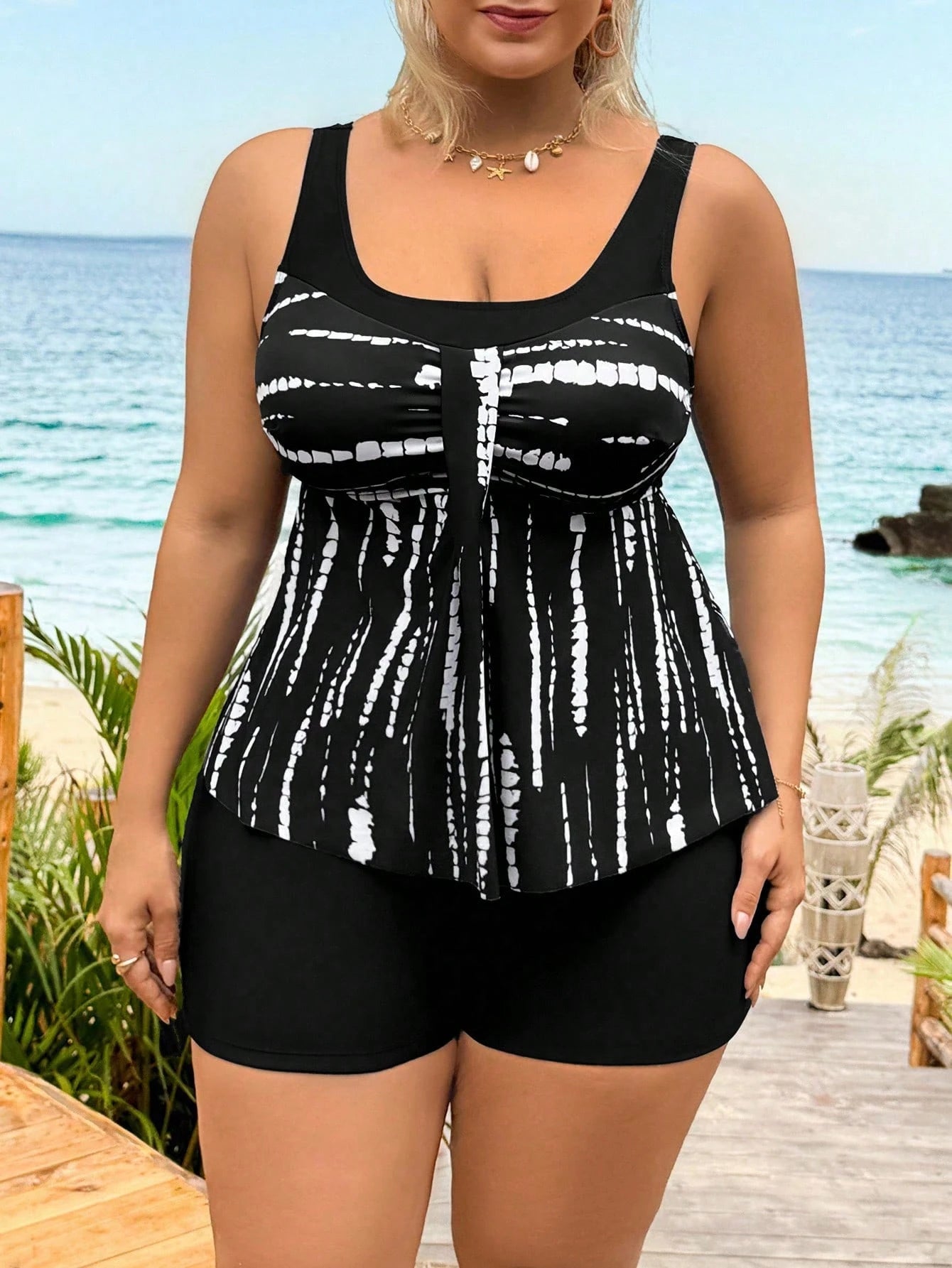 Swim Lushoire Plus Size Navy Blue Allover Print Tankini Set With Black Shorts, Women's Summer Beach Vacation Bikinis, Christmas New Year Party Outfit Casual Clothes
