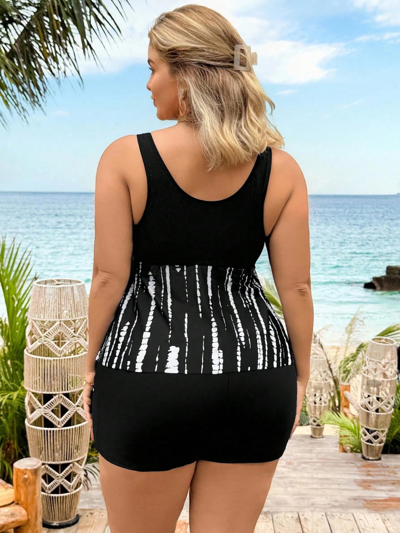 Swim Lushoire Plus Size Navy Blue Allover Print Tankini Set With Black Shorts, Women's Summer Beach Vacation Bikinis, Christmas New Year Party Outfit Casual Clothes
