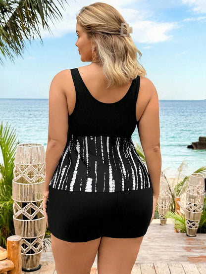 Swim Lushoire Plus Size Navy Blue Allover Print Tankini Set With Black Shorts, Women's Summer Beach Vacation Bikinis, Christmas New Year Party Outfit Casual Clothes