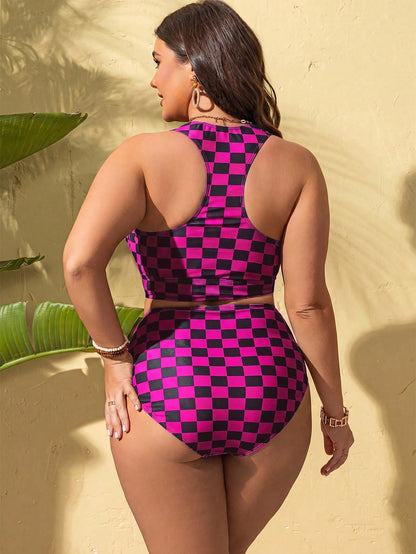 Swim Lushoire Plus Size Plaid Print Padded Two Pieces Swimwear For Women Beach Summer Sexy