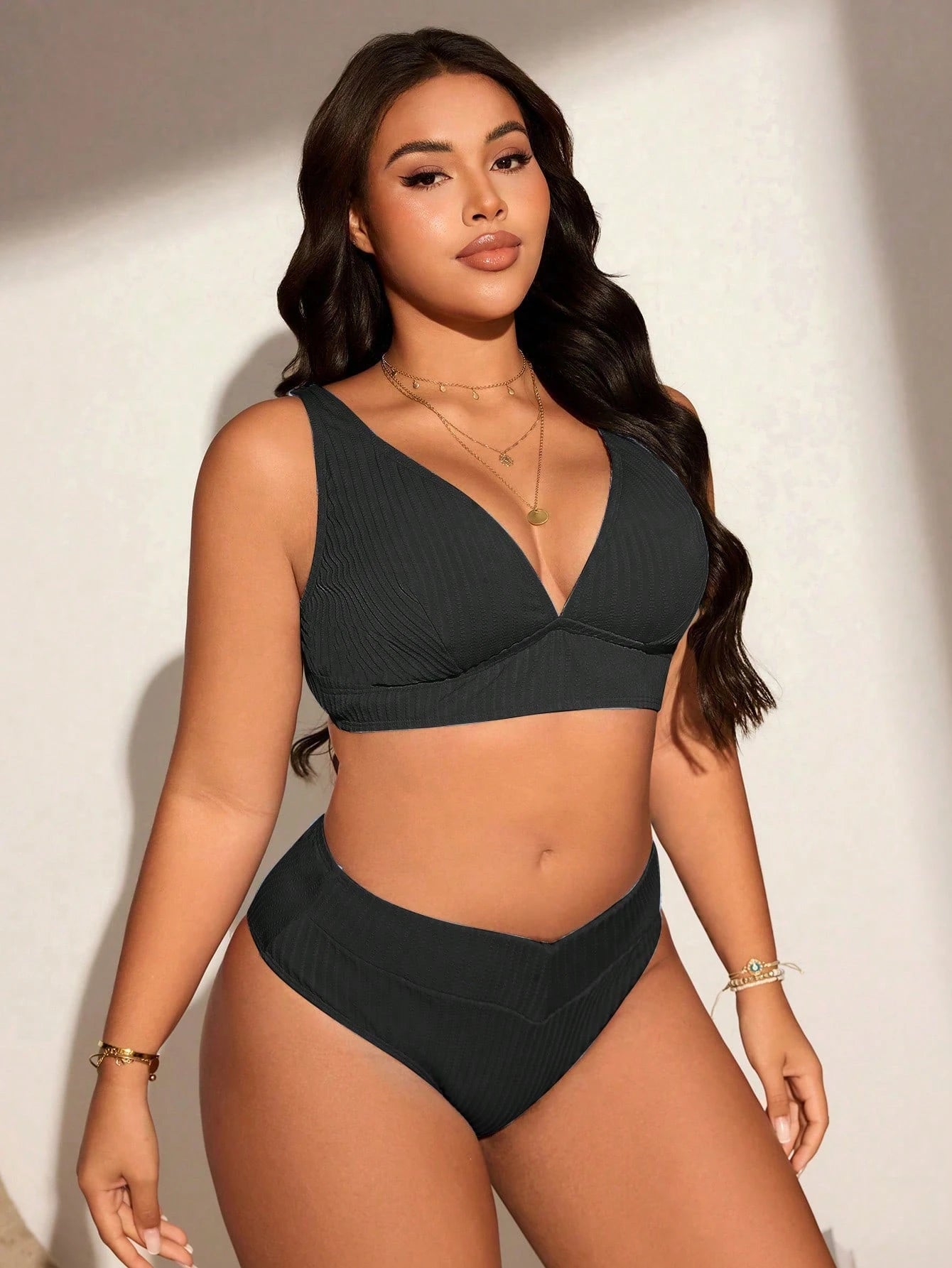 Swim Lushoire Plus Size Simple Solid Color Textured Fabric Beach & Swimwear Set For Summer Beach Vacation