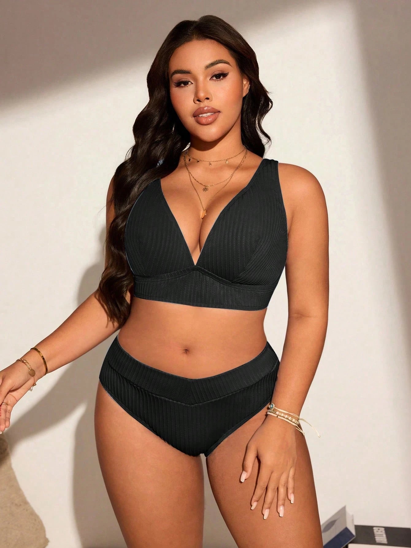 Swim Lushoire Plus Size Simple Solid Color Textured Fabric Beach & Swimwear Set For Summer Beach Vacation