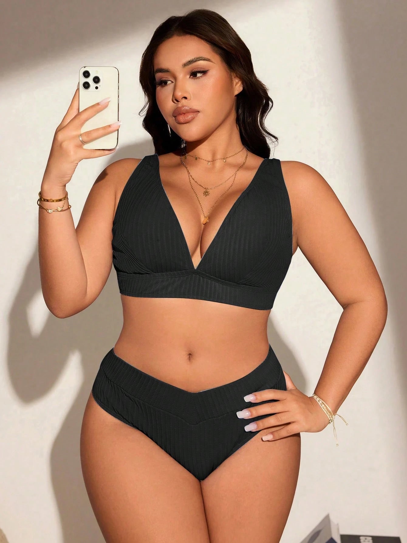 Swim Lushoire Plus Size Simple Solid Color Textured Fabric Beach & Swimwear Set For Summer Beach Vacation